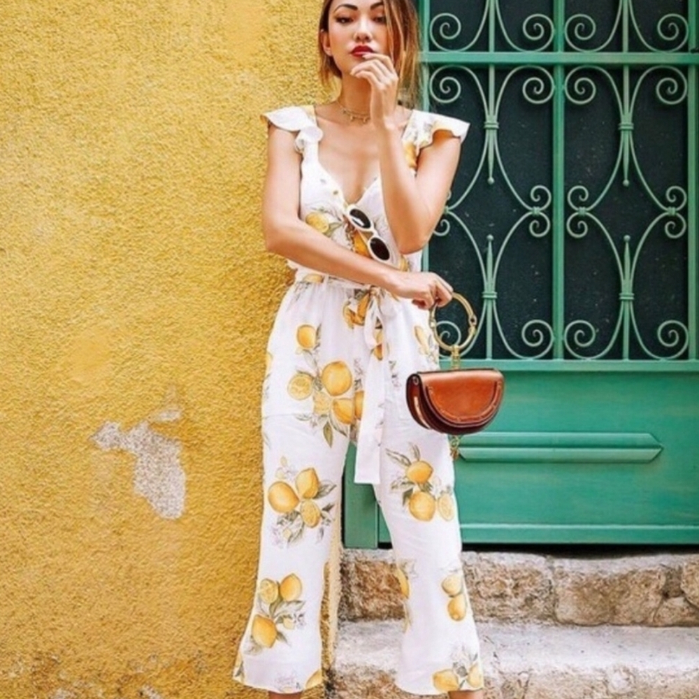 For Love And Lemons 🍋 Limonada Floral Lemon Print Jumpsuit Cropped Romper XS